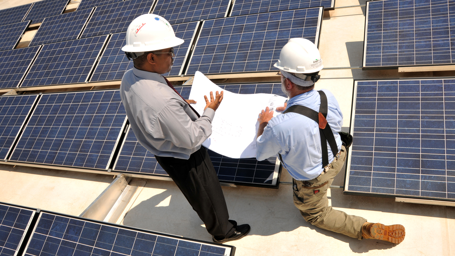 faculty in hard hats in front of solar panels