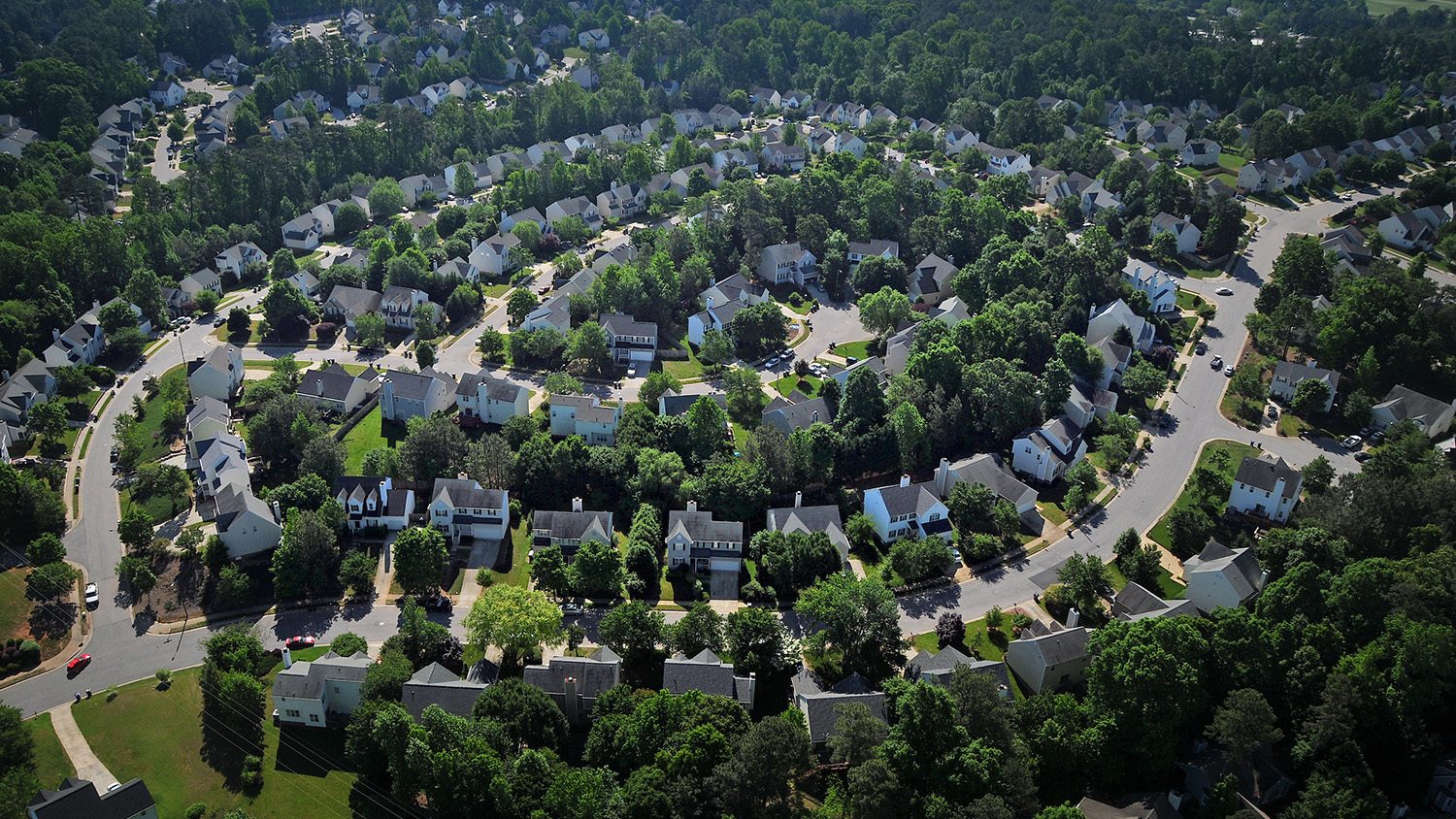 Aerial view of neighborhood homes in the southern part of Raleigh.